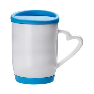 Kubek 360 ml z błękitną pokrywką i podstawką