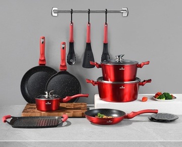 НАБОР ГОРШКОВ С МРАМОРНЫМ ПОКРЫТИЕМ 15 ЭЛЕМЕНТОВ. ЗИЛЬНЕР ВИШНЕВЫЙ КРАСНЫЙ ZL-8591