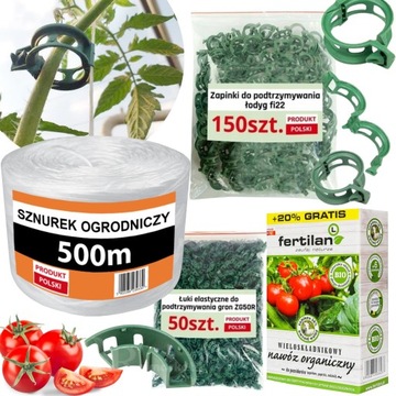 ZESTAW DO UPRAWY POMIDORÓW UCHWYTY ZAPINKI KLIPSY DO FASOLI NAWÓZ SZNUREK