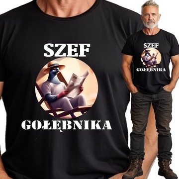 Szef Gołębnika Czarna Koszulka Męska na Prezent z nadrukiem Gołębiarz XL