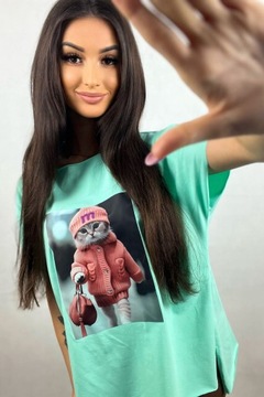 T shirt bluzka z aplikacją kotka Minouu miętowa