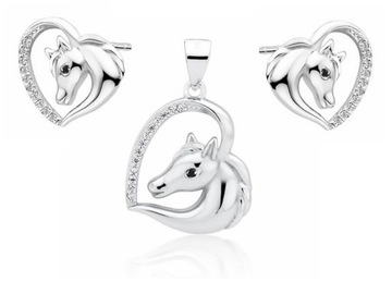 RODOWANY SREBRNY KOMPLET SERCE HEART KONIK HORSE