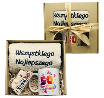 PREZENT NA 50 URODZINY UPOMINEK ZESTAW RĘCZNIK KUBEK KOŚCI MIŁOŚCI