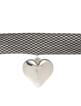 Naszyjnik czarny szeroki koronkowy ażurowy choker ze srebrnym sercem