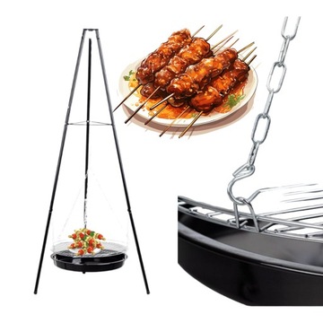 GRILL WĘGLOWY TRÓJNÓG OGRODOWY WISZĄCY DUŻY RUSZT CHROMOWANY PALENISKO