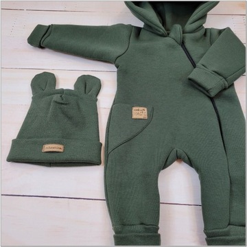 Kombinezon z ocieplanej dresówki + czapka khaki 74