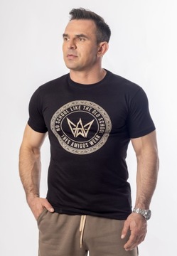 Czarny T-Shirt Basic Slim fit Z Beżowym Nadrukiem