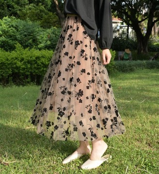 Юбка полудлинная из тюля из шифона в горошек, кофейный