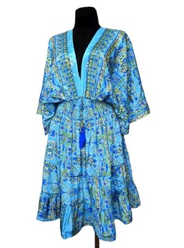 SUKIENKA Indyjska BOHO falbany TUNIKA (011) gold jedwab SILK INDIA ONE SIZE