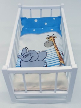 KOŁYSKA DLA LALEK BIAŁA DREWNIANA + POŚCIEL 3el