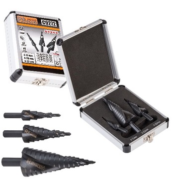 WIERTŁA CHOINKOWE STOPNIOWE SPIRALNE STOŻKOWE DO METALU 4-32 mm 3 SZT C9272