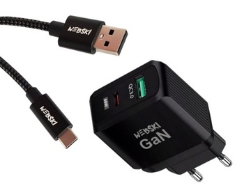 Mocna Ładowarka Sieciowa QC 3.0 Technologia GAN+Kabel Oplot 100cm USB-USB C