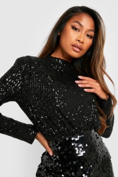 ЧЕРНОЕ ЭЛЕГАНТНОЕ БОДИ С ПАЙЕТКАМИ, ДЛИННЫМ РУКАВОМ И ВОРОТНИКОМ-СТОЙКОЙ SHINY BOOHOO 40