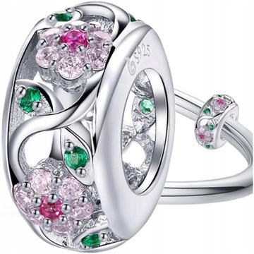CHARMS WIOSENNE KWIATY srebro 925 ażurowy listki liście koralik charms 925