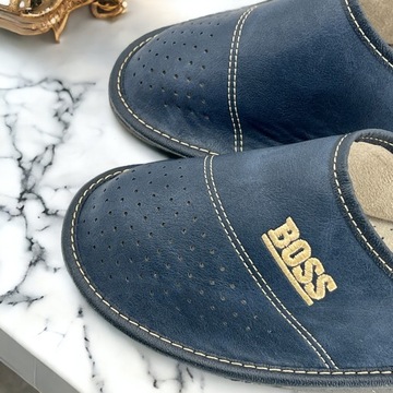 Pánske papuče BOSS koža modrá tmavo modrá ako darček pohodlné papuče
