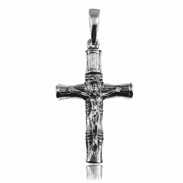 DUŻY MĘSKI SREBRNY KRZYŻ DREWNO BAMBUSOWE CHRYSTUS
