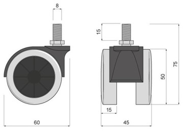 МЕБЕЛЬНОЕ КОЛЕСО РЕЗИНОВОЕ С РЕЗЬБОЙ FI 50/8 X4