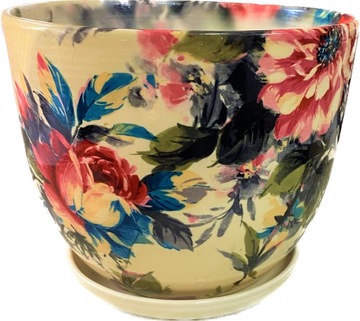 Doniczka ceramiczna z podstawką w kwiaty 13 cm kremowa