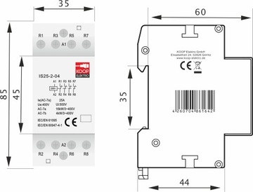 МОДУЛЬНЫЙ КОНТАКТОР 25-04 230В 25А 2П 4НЗ 3-ФАЗНЫЙ