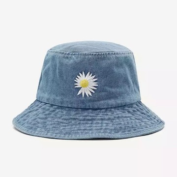 Czapka bucket hat kapelusz rybacki niebieski jeans stokrotka kwiatuszek