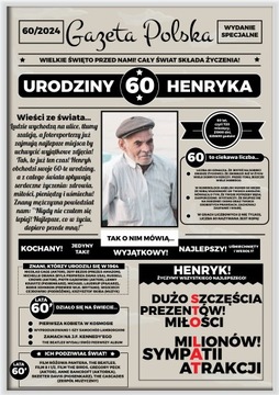 60 URODZINY PREZENT DLA MĘŻCZYZNY PLAKAT GAZETA niego faceta pamiątka