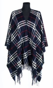 GRANATOWE PONCZO W SZKOCKĄ KRATĘ TARTAN 40 % WEŁNY 42 - 56