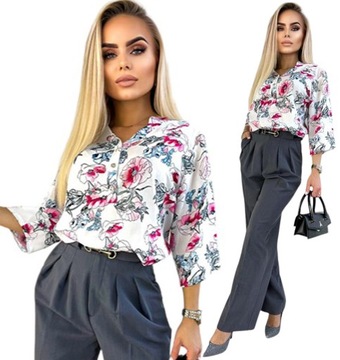 ELEGANCKA BLUZKA DAMSKA dekolt V guziczki print kwiaty PLUS SIZE