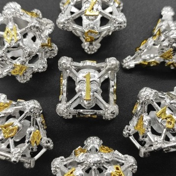 SREBRNE KATAKUMBY ZESTAW 7 METALOWYCH KOŚCI RPG