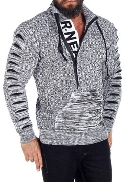 МУЖСКОЙ ПЛОТНЫЙ СВИТЕР С ВОРОТНИКОМ СТОЙКОЙ, СЕРЫЙ - XL