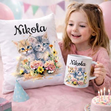 НАБОР КРУЖКА ПОДУШКА КОШКА МАЛЕНЬКИЕ КОТЯТА КОШКИ КОТЯТА КОТЯТА + ТЕКСТ ИМЕНИ