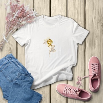 Koszulka Damska z Nadrukiem Bawełna T-shirt na Prezent Róża Złota Kwiat M