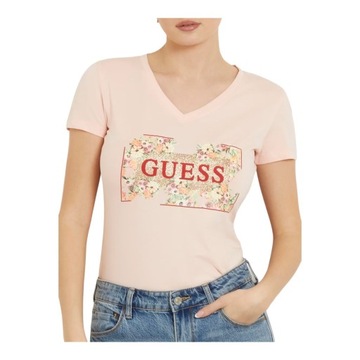 GUESS KOSZULKA DAMSKA T-SHIRT SS VN LOGO FLOWERS T RÓŻOWA r.M