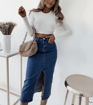 WYGODNA SPÓDNICA JEANSOWA Z ROZCIĘCIEM ołówkowa midi r. M / 38 granatowa