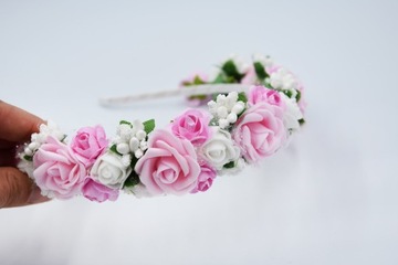 OPASKA różówa wianek komunijny kwiaty różowe na głowę na komunije wesele