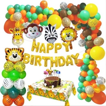 GIRLANDA BALONOWA BALONY ZIELONE ŻÓŁTE URODZINY ZWIERZĘTA ZOO OBRUS ZESTAW