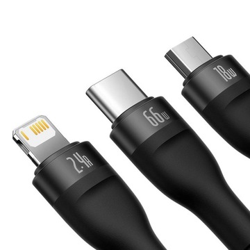 USB-кабель Baseus Flash II 3в1, USB-C + micro USB + Lightning, 66 Вт, 1,2 м (деталь