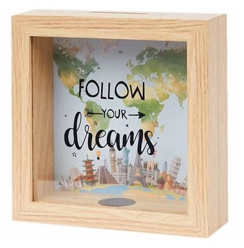 SKARBONKA DREWNIANA SKRZYNKA NA PIENIĄDZE OSZCZĘDNOŚCI SZKŁO FOLLOW DREAMS