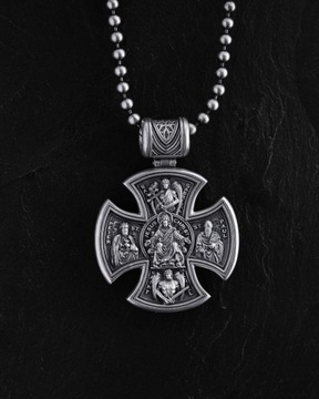 Srebrny krzyż JESUS CHRIST. SAINT MARY, PRAY FOR US