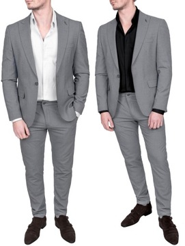 Garnitur Męski Elegancki Dopasowany w Drobną Kratkę – SZARY - 56