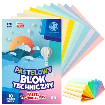 Pastelowy blok techniczny kolorowy A4 10 kartek 170g Astrapap