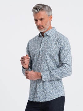 Koszula męska SLIM FIT w print drobnych liści j.niebieska V1 OM-SHPS-0163 S