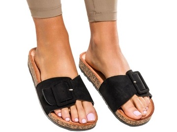 CZARNE KLAPKI DAMSKIE NA PROFILOWANEJ KORKOWEJ PODESZWIE PŁASKIE r 38