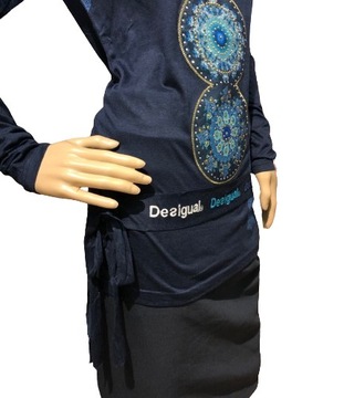 Granatowa bawełniana bluzka cekiny długi rękaw koła Desigual logo M