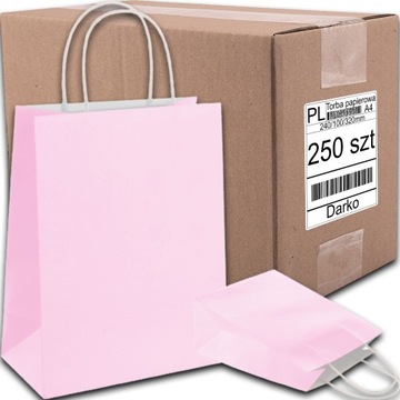 TORBA PAPIEROWA RÓŻOWA A4 240/100/320 250 SZT TOREBKA EKO NA PREZENT