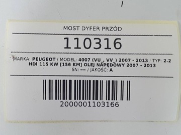 NÁPRAVA DIFER PŘEDNÍ PEUGEOT 4007 C-CROSSER 2.2 HDI MANUÁLNÍ