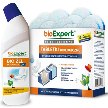 Tabletki professional do szamba i oczyszczalni 12+3szt + BioŻel do WC 500ml