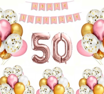 BALONY ZESTAW NA 50 URODZINY RÓŻOWO ZŁOTY