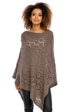 30012 ELEGANCKIE AŻUROWE PONCHO CIEPLUTKIE MOCCA