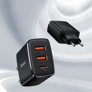 БЫСТРОЕ СЕТЕВОЕ ЗАРЯДНОЕ УСТРОЙСТВО BASEUS ДЛЯ ТЕЛЕФОНА 2xUSB 1xUSB-C 30Вт 3А