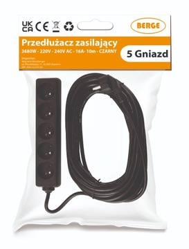 Przedłużacz Listwa Zasilająca 5 Gniazd 10m 3*1,5 mm2 16A 3680W Czarny